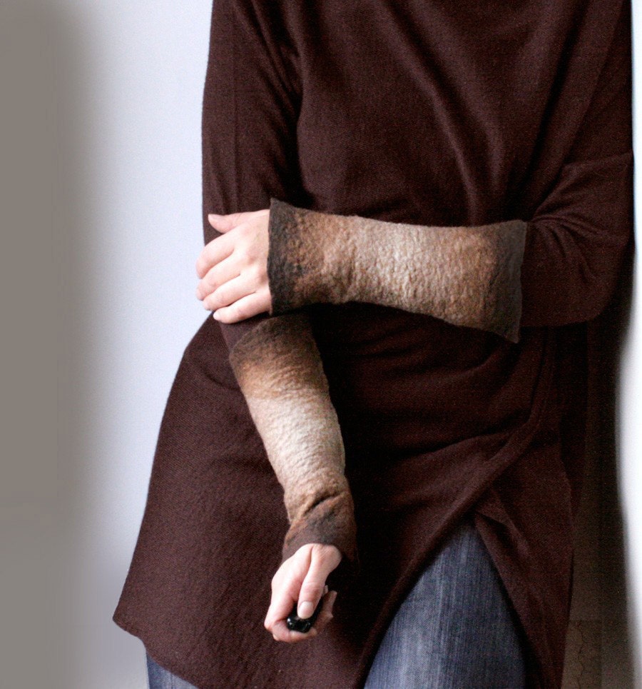 2 Tan Brown Wrist Cuffs / Arm Warmers -  Hand felted wool