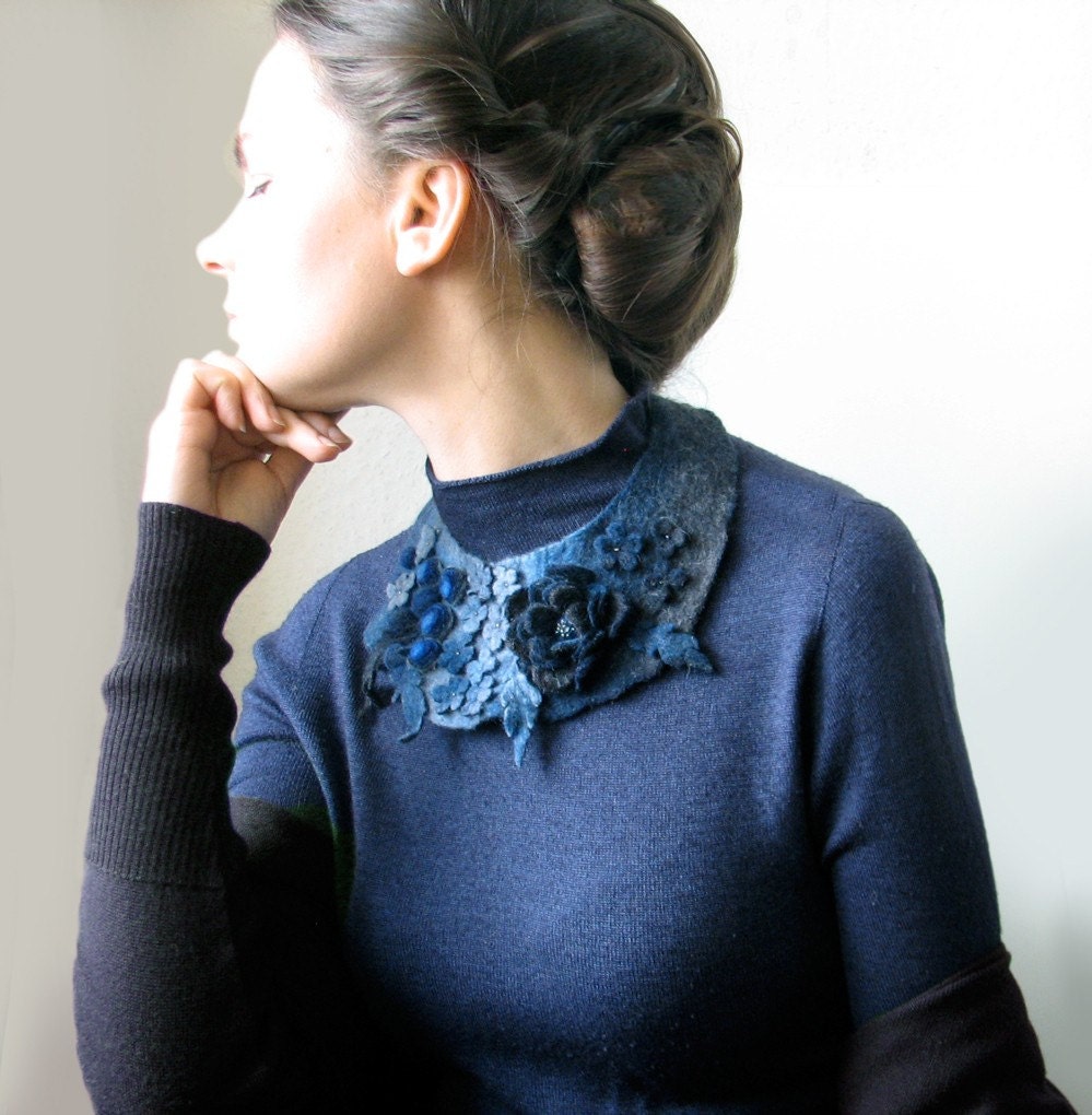 Frida Kahlo inspired Lavender Teal Meadow -- Felted Neck Piece -- made from wool