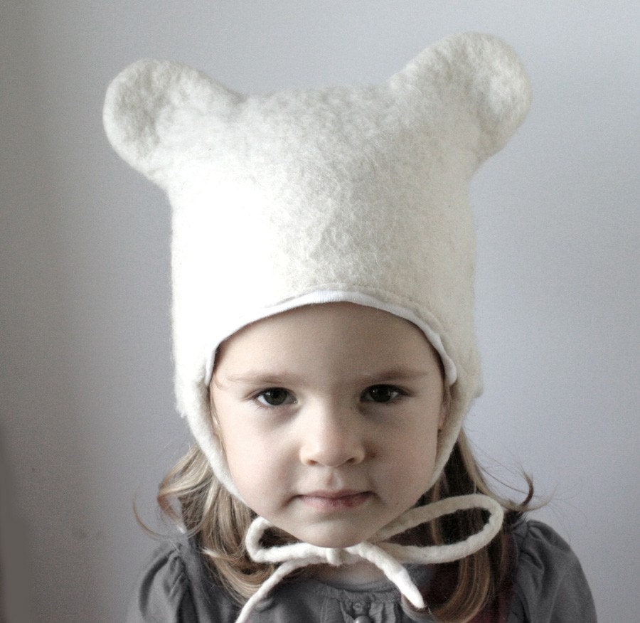 Bear Hat -- Hand Felted Wool -- Size 2/3 Years