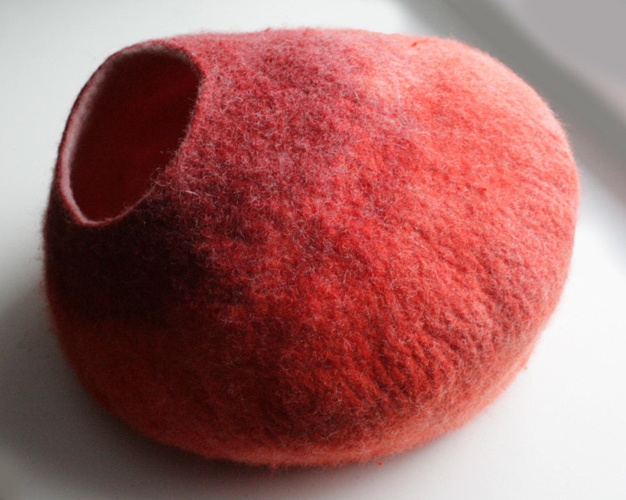 Warm Orange Red Bubble - Hand Felted Wool Cat Bed / Vessel - Crisp Contemporary Design
