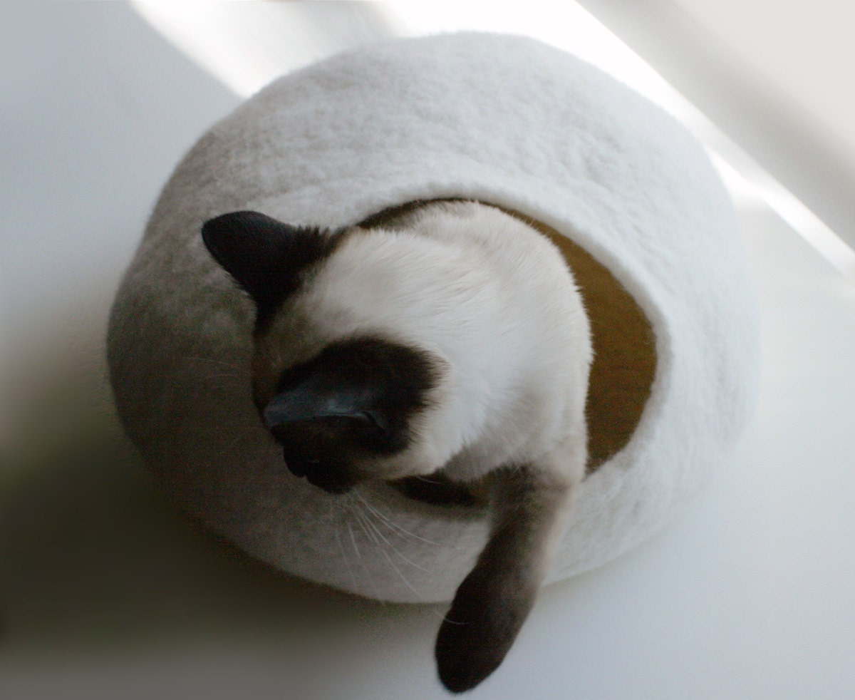 White Bubble - Hand Felted Wool Cat Bed / Vessel - Crisp Contemporary Design