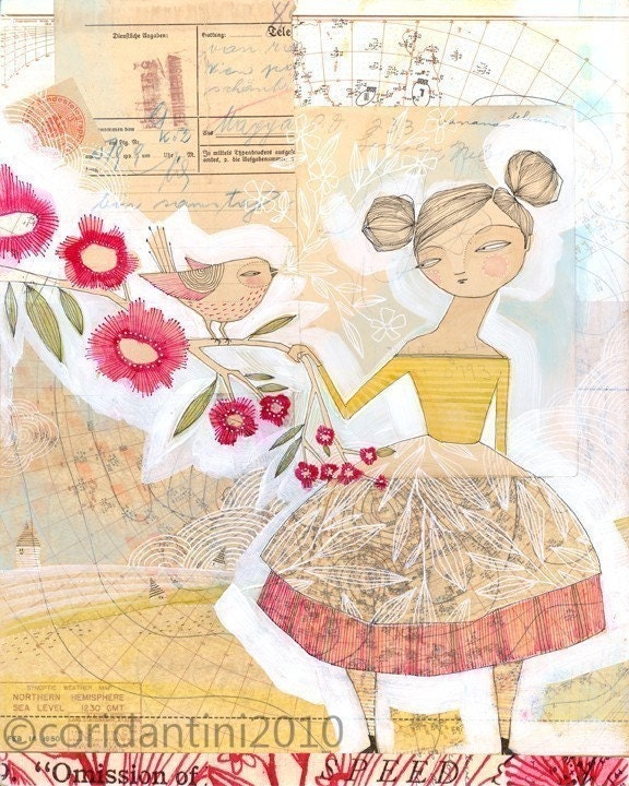 illustration of woman with singing bird - art - 8 x 10-  by cori dantini - a second limited edition archival print