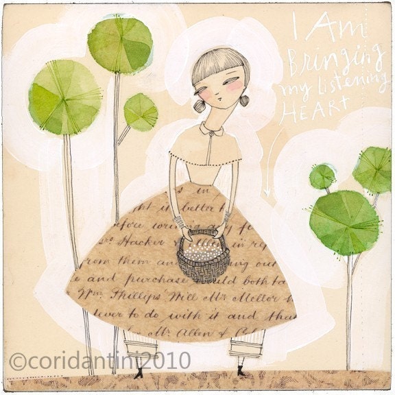 woman and basket print - friendship - 8 x 8 - archival print - limited edition - i am bringing my listening heart by cori dantini
