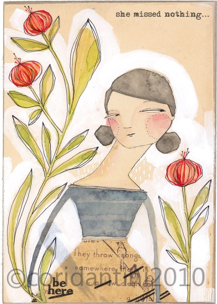 watercolor painting of a woman - folk art - portrait - ink - limited edition and archival print by cori dantini
