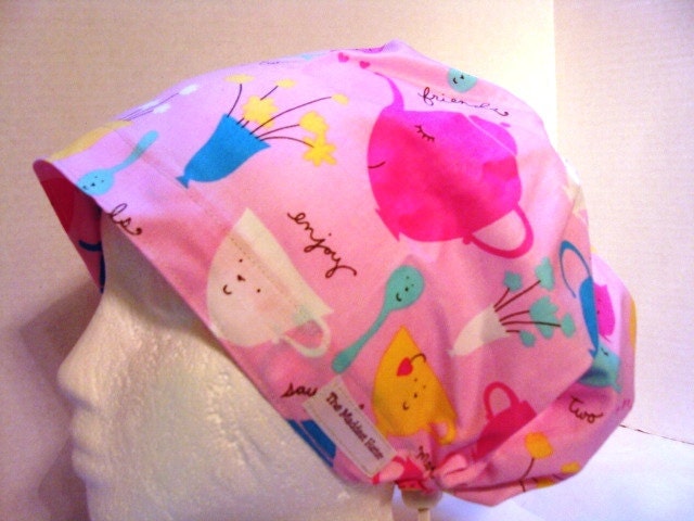 Cup of Tea Hattie....................Surgical Scrub Hat...Chemo Hat...Chefs Hat