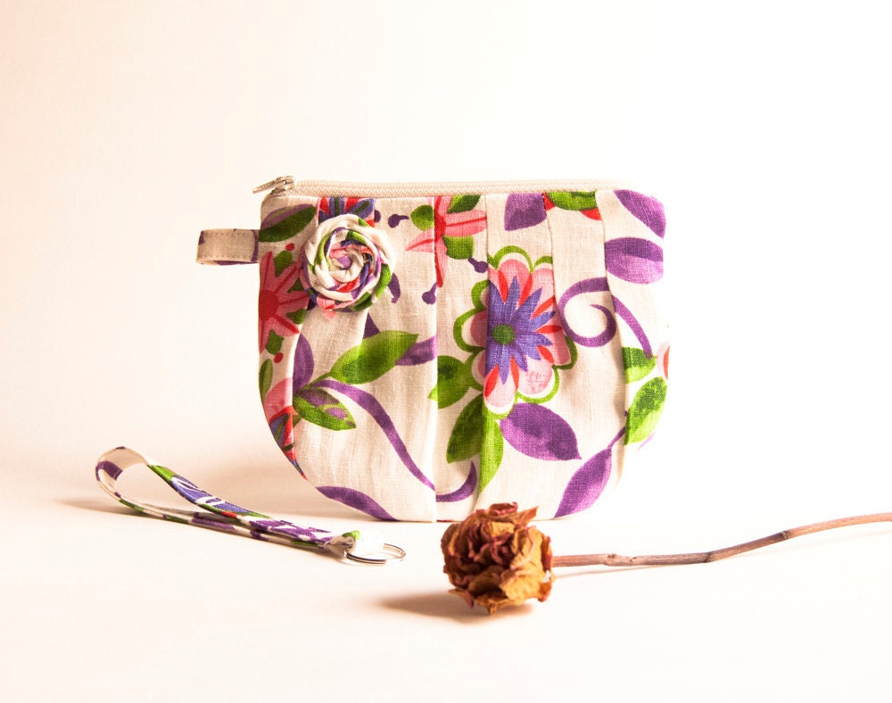 Pleated Wristlet Wedding Bridal Clutch Cream Lilac Violet Rosebud Bridesmaid Gift Idea Clutch, Wristlet, Pouch, Purse by Lolos