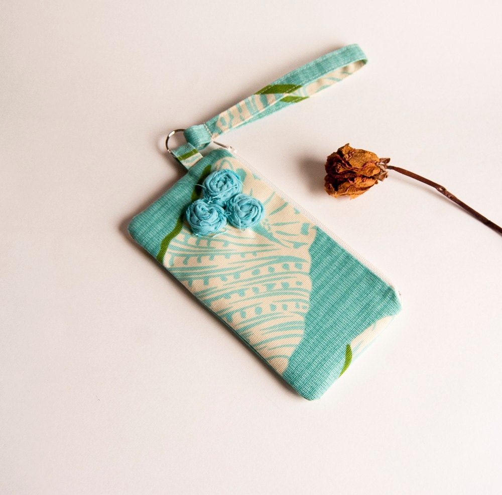 Bridesmaid Clutch, Wristlet, Light Blue Turquoise Aqua Tree Roses, Bridal Wedding Wristlet, Clutch, Pouch, Purse by Lolos
