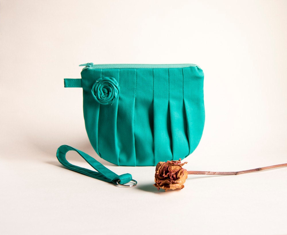 Pleated Cosmetic Clutch, Wristlet, Bridesmaid Gift Idea, Green Turquoise Rosebud, Bridal Wedding Wristlet, Clutch by Lolos