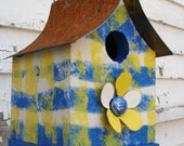 Kitschy Cute Bird House Plaid Birdhouse Upcycled & Reclaimed Metal Flower Garden and Home Decor Mothers Day monoco blue yellow white