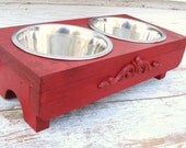 Red Dog Bowl Holder Cat Feeder Elevated Pets Feeding Bowl French Country Farmhouse Beach Custom