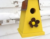 Rusty Metal Flower Bird House Home Garden Art Industrial Chic Lemon Yellow Reclaimed Birdhouse