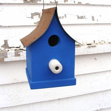Rustic Blue Cottage Birdhouse Farm Insulator Perch Decorative Wood Bird House Gift for Mom