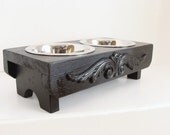 Black Dog Bowl Holder or Cat Dish Pets Raised Feeding Bowl Cottage Beach Cabin French Country