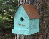 Rustic Aqua Blue Bird House Home Garden Nursery Decor Beach Cottage French Country Painted Homeware