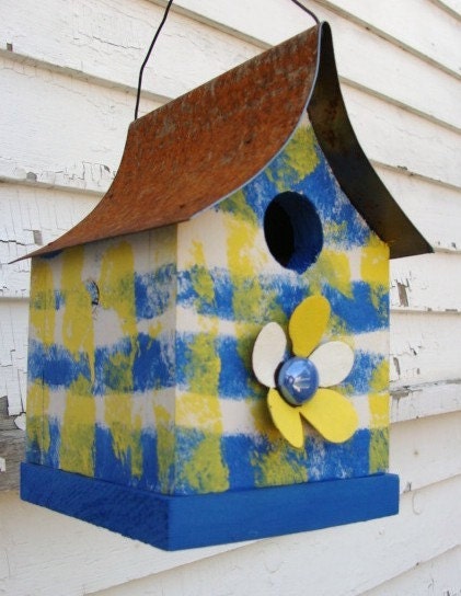 Kitschy Cute Bird House Plaid Birdhouse Upcycled & Reclaimed Metal Flower Garden and Home Decor Mothers Day monoco blue yellow white
