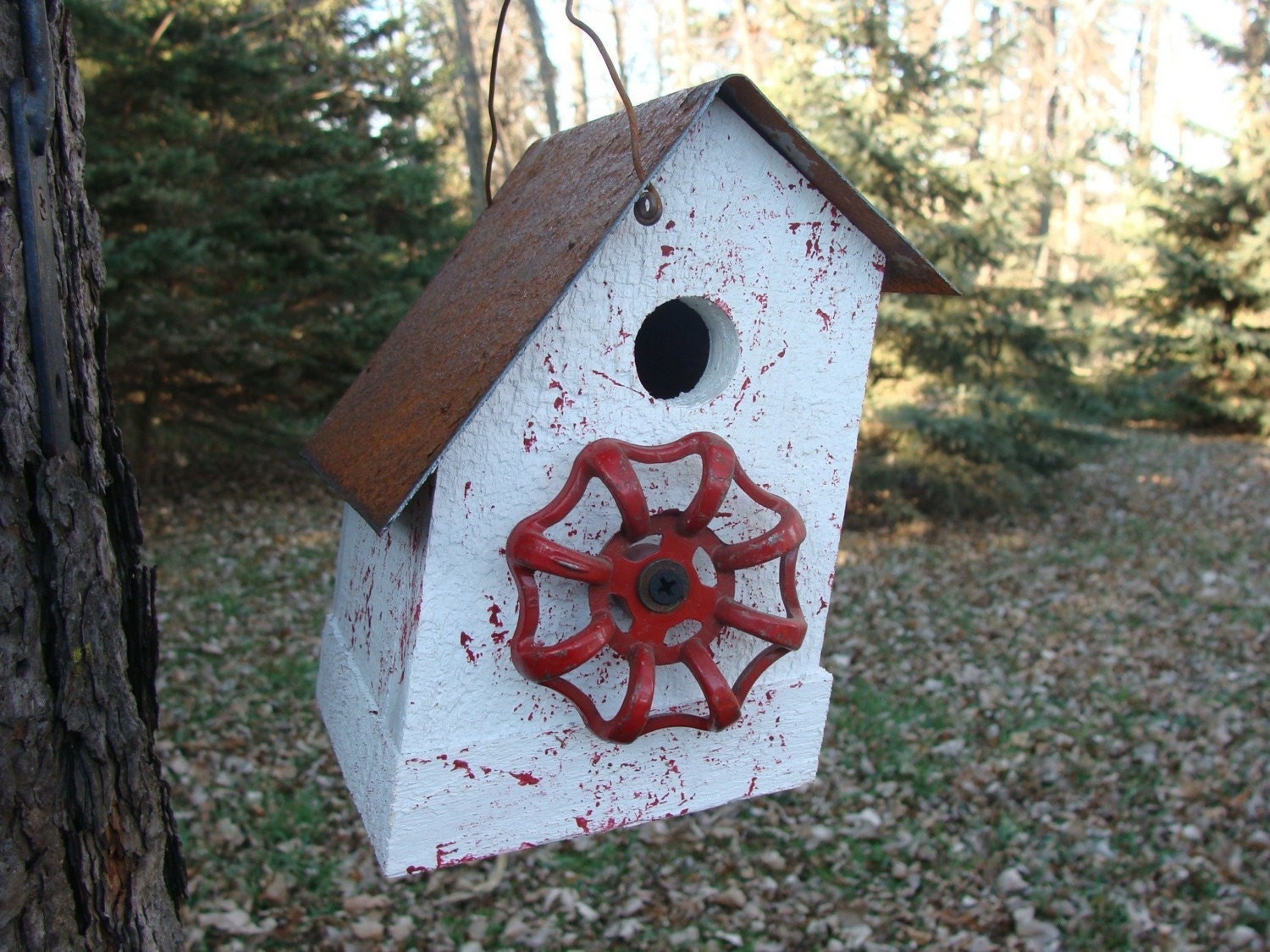 White Birdhouse Recycled Red Faucet Rustic Quirky Cottage Chic