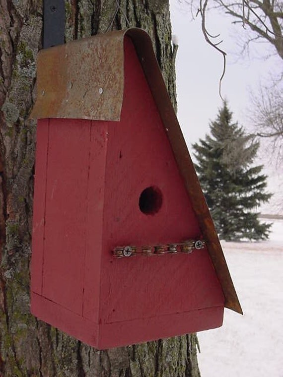 Rustic Chic Red Birdhouse Bike Chain Perch Recycled