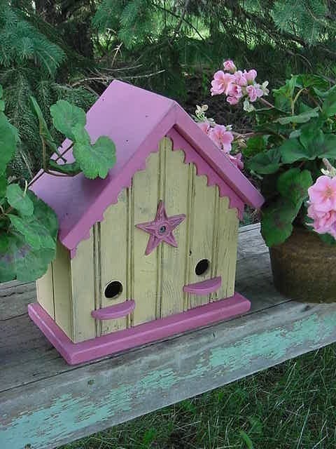 Mothers Day Bird House Wren Chickadee Birdhouse Home or Garden French Country Cottage Beach Decor Yellow & Raspberry Pink