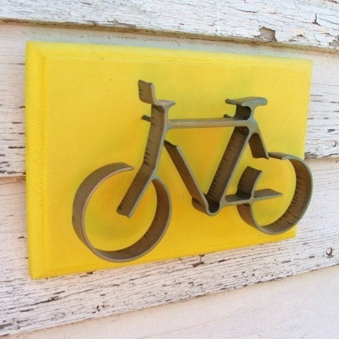 Metal Bike Wood Sign Wall Art Sculpture Office Home Decor Cottage French Country Beach Yellow