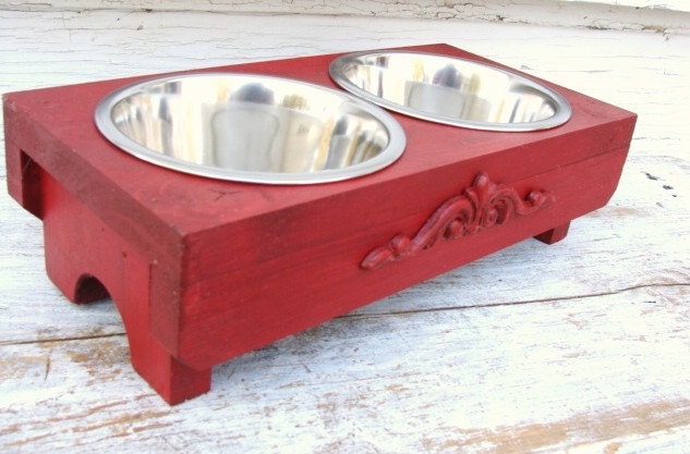 Red Dog Bowl Holder Cat Feeder Elevated Pets Feeding Bowl French Country Farmhouse Beach Custom