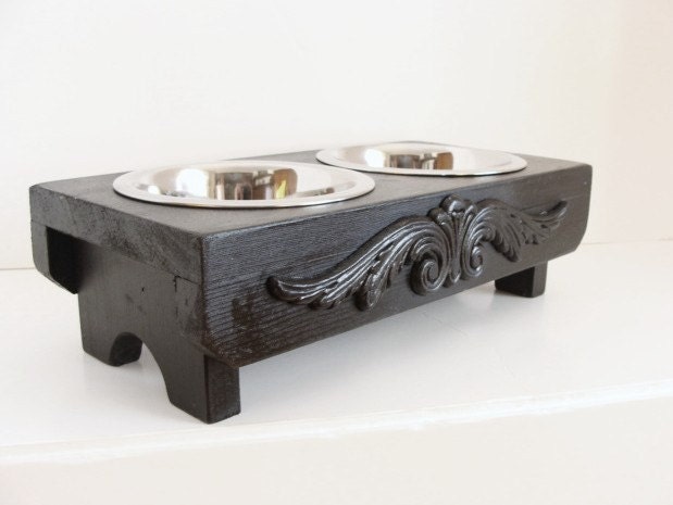 Cat Bowl Dog Feeder Pet Feeding Station Elevated Dog Feeder Raised Dog Feeder Cottage Beach Cabin French Country Black