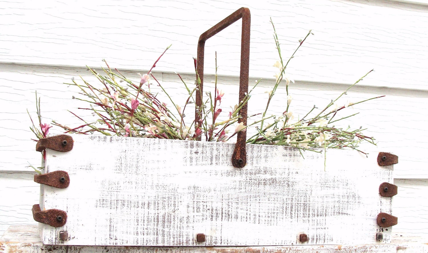Wood Tray Planter Box Garden or Home Decor Wine Beer Caddy Wooden Box Storage Box Beach Cottage French Country White Iron Handle & Studs
