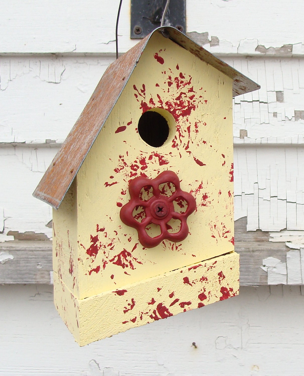Rustic Yellow Bird House Recycled Red Faucet Metal Roof Mothers Day Gift
