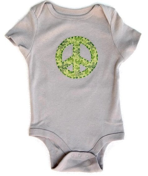 Baby Bodysuit - Green Peace Sign Embroidered Appliqued Onesie on Gray, baby boy or girl, 3-6 mo, 6-9 mo, 9-12 mo,