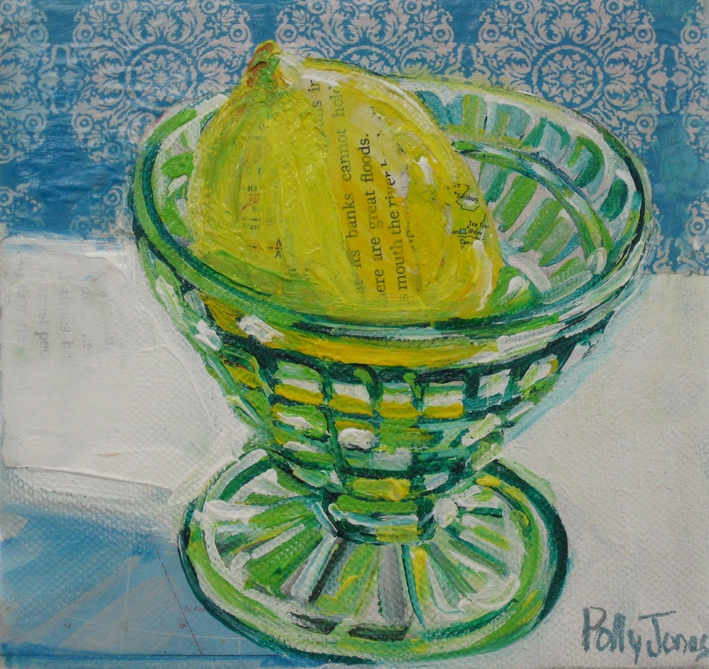 Lemon in Depression Glass original mixed media still life painting by Polly Jones