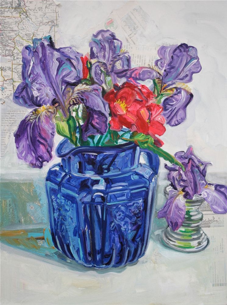 Sense for Spirit original mixed media painting or irises by Polly Jones
