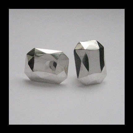 Emerald cut stud earrings - Faceted diamond like- recycled sterling silver - faceted metal - ready to ship - Modern Rock