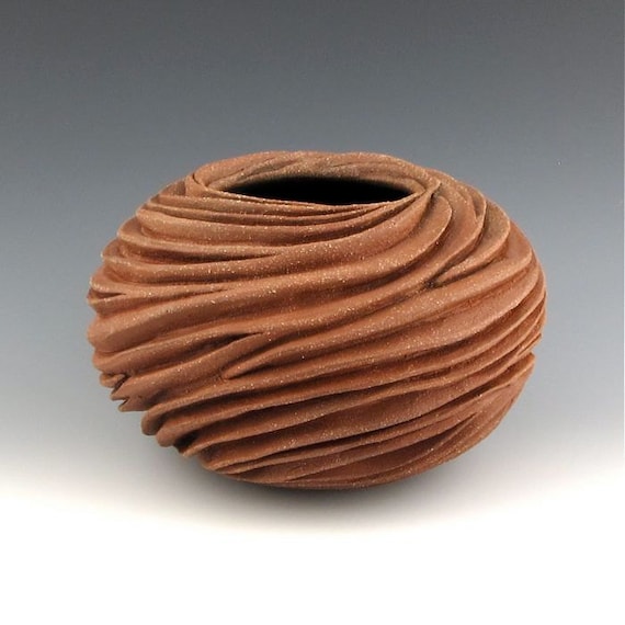 Round Carved Sculptural Ceramic Pottery Vessel: Rich Red Naked Clay