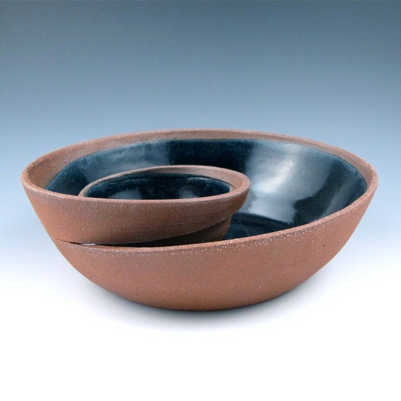 Small Red Clay Chip and Dip Serving Bowl with Black Glaze