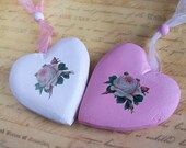 Two wooden heart ornaments rose decoupage shabby chic pink white