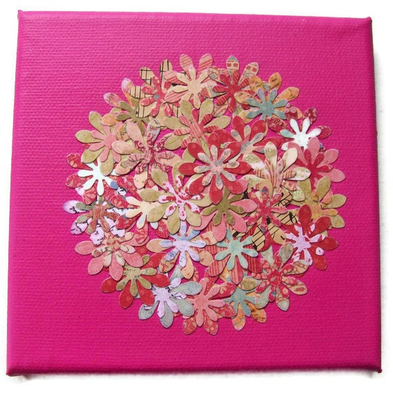 Original small mixed media art canvas pink Flower Bloom