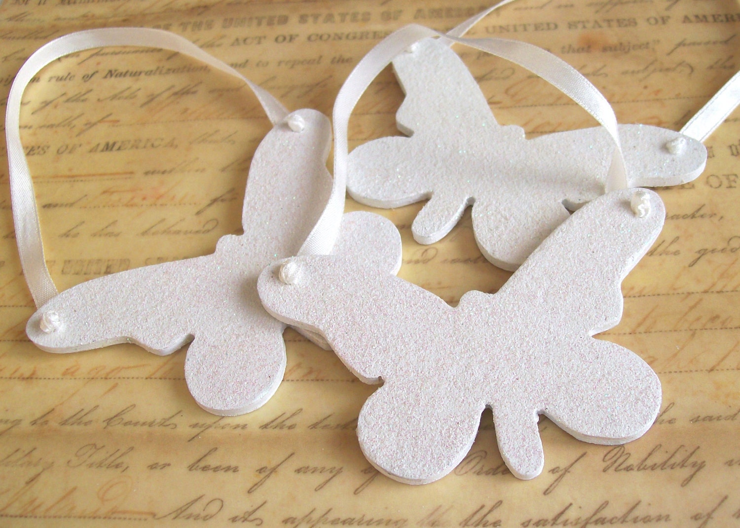 Sparkly white butterfly wedding decor or favors wooden set of 3