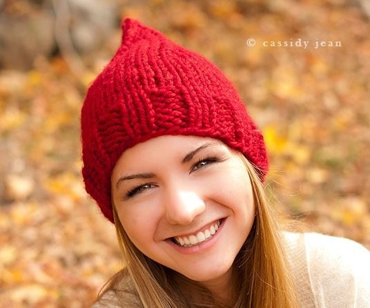 Hand Knit Hat Womens Hat - Gnome Hat in Red Cranberry
