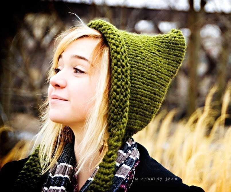 Hand Knit Hat Womens Hat - Pixie Hat, Gnome Hat, Elf Hat, Olive Green - READY TO SHIP - Fall Fashion Autumn Fashion