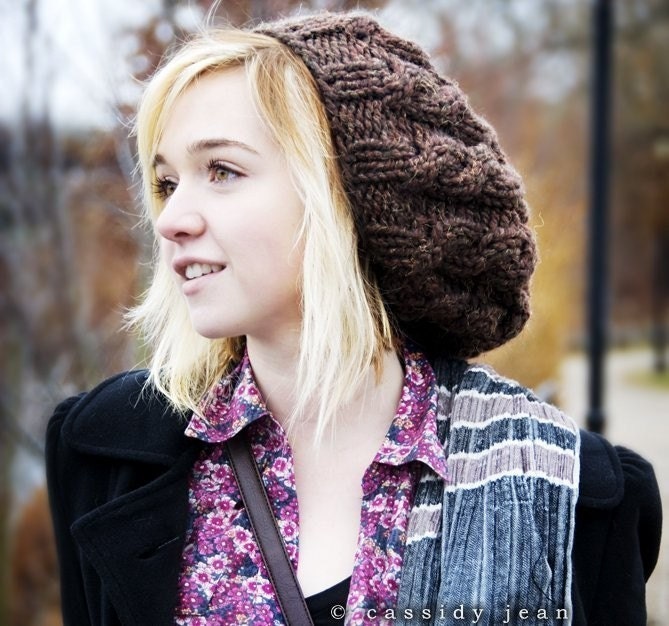 Hand Knit Hat Womens Hat - Cable Beret Hat in Wood Brown