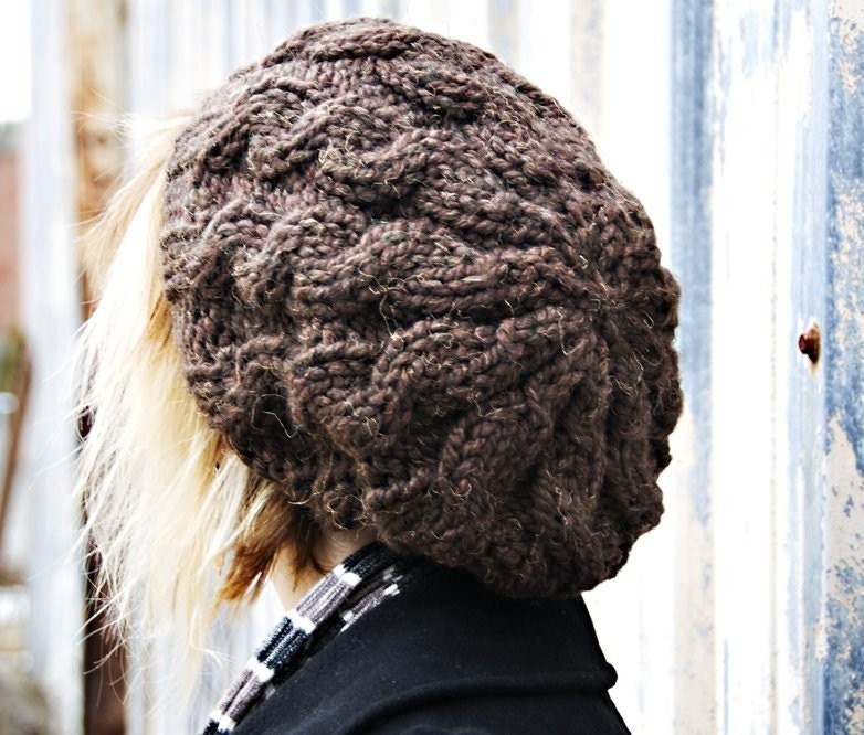 Hand Knit Hat Womens Hat - Cable Beret Hat in Wood Brown