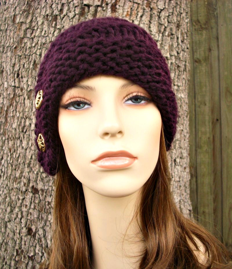 Hand Knit Hat Womens Hat - The Hybrid Swirl Cloche Hat in Purple Aubergine Eggplant
