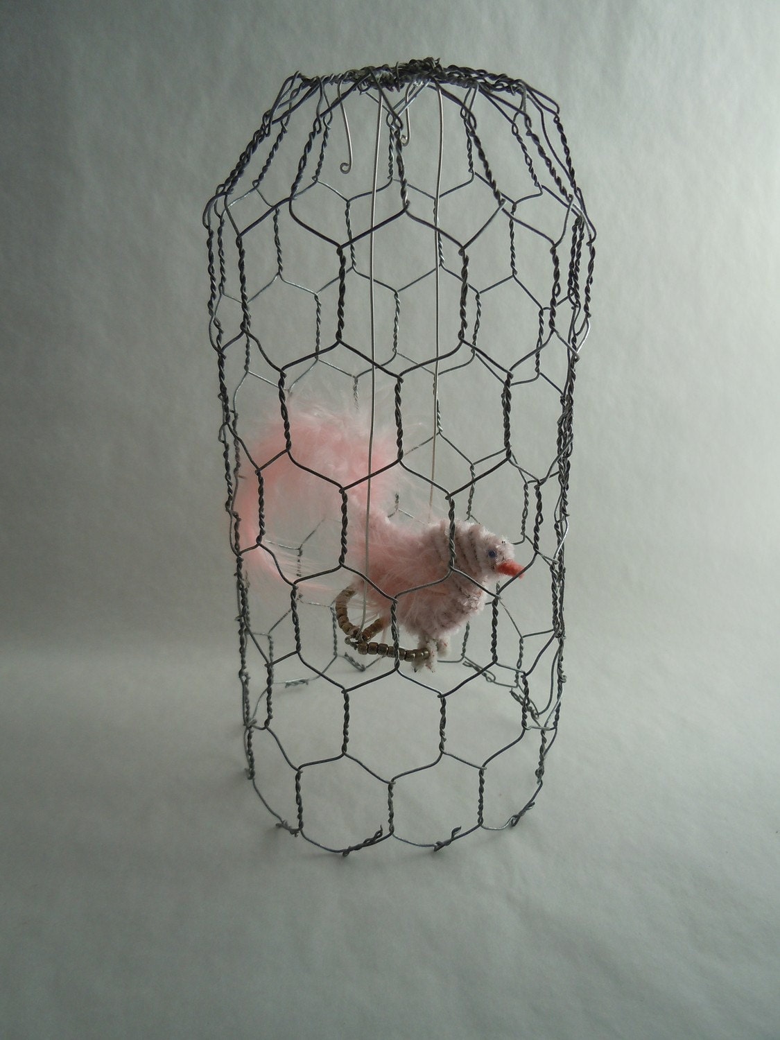 Pink Chenille Birdy in her Cage