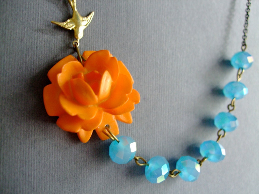 Gift,Orange Flower Necklace,Aquamarine Necklace,Bridesmaid Necklace,Crystal Jewelry (Free matching earrings)
