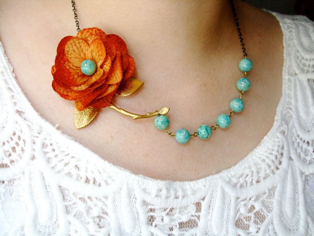 Fabric Flower Necklace,Orange Necklace,Bridesmaid Necklace,Stone Necklace (Free matching earrings)