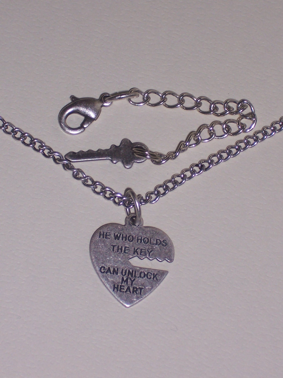 His and Hers Open Heart and Key Necklace and Key Chain Dangle on Antique Silver "He Who Holds The Key Can Unlock My Heart"