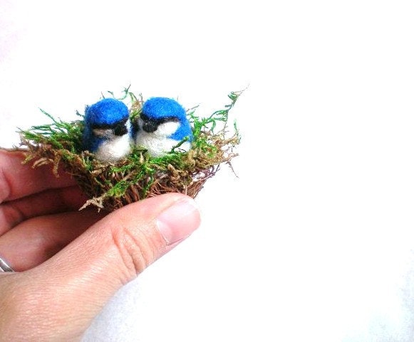 Mini Felted Tree Swallow Couple In Nest