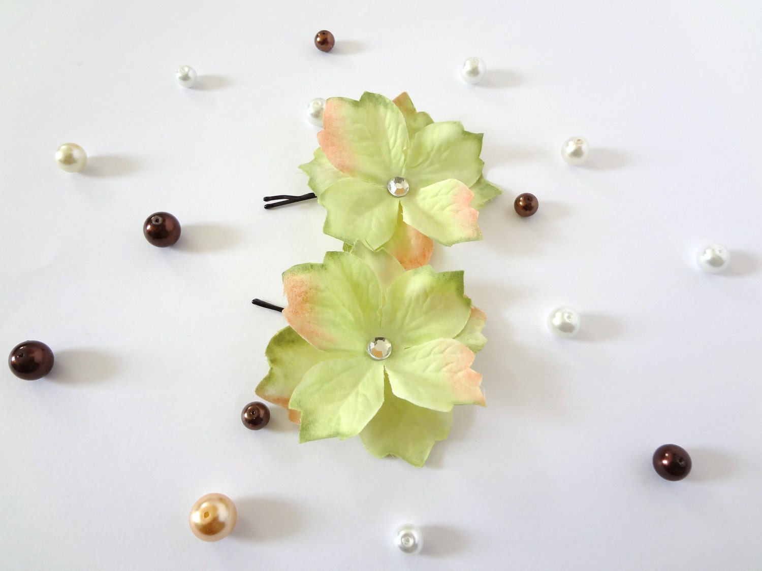 2 Pale Green Hydrangea Hair Pins or Shoe Clips