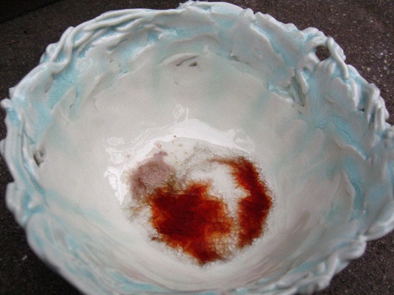Porcelain Bowl - Petunia, powder blue and fire red