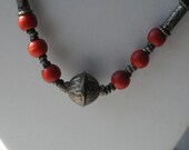 Red & Silver Ethnic Style Beads on Leather Cord