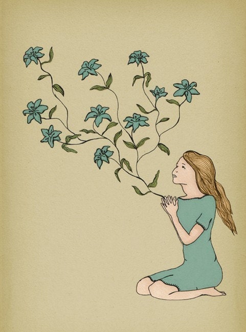 Blossom (blue version) - Wall decor Art print of illustration ink drawing
